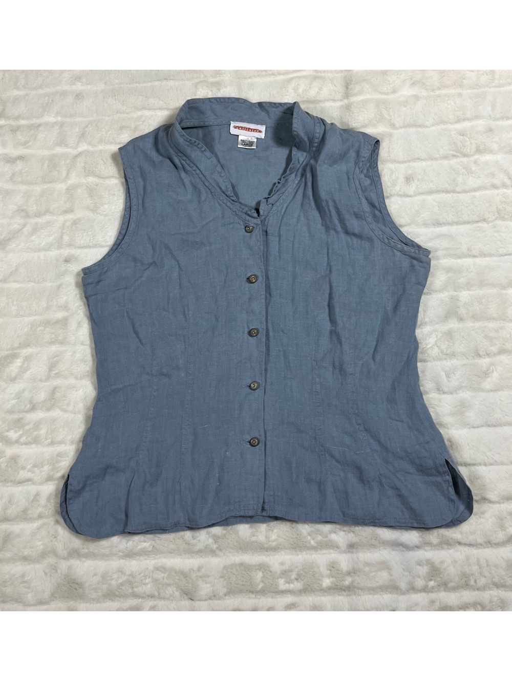 Solitaire L Slate Blue Linen Button Up Sleeveless Midwest Top Office Spring Fall